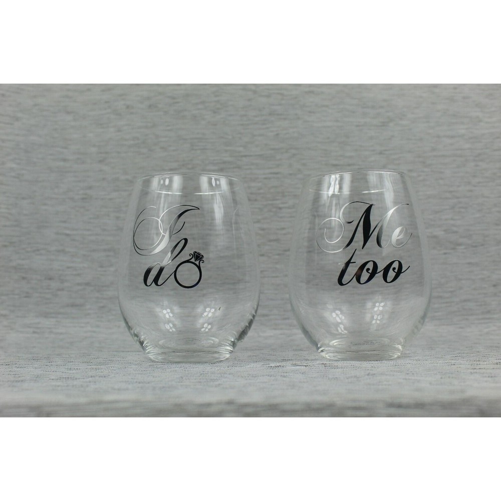 I Do Me Too Crystal Wedding Wine Glasses Stemless Set 2 Silver Script Gift Box